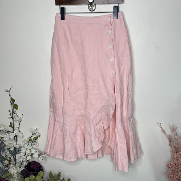 WHISTLES Linen Button Frill Midi Skirt Light Pink Sz 6 $158 {3J26} - Picture 2 of 6
